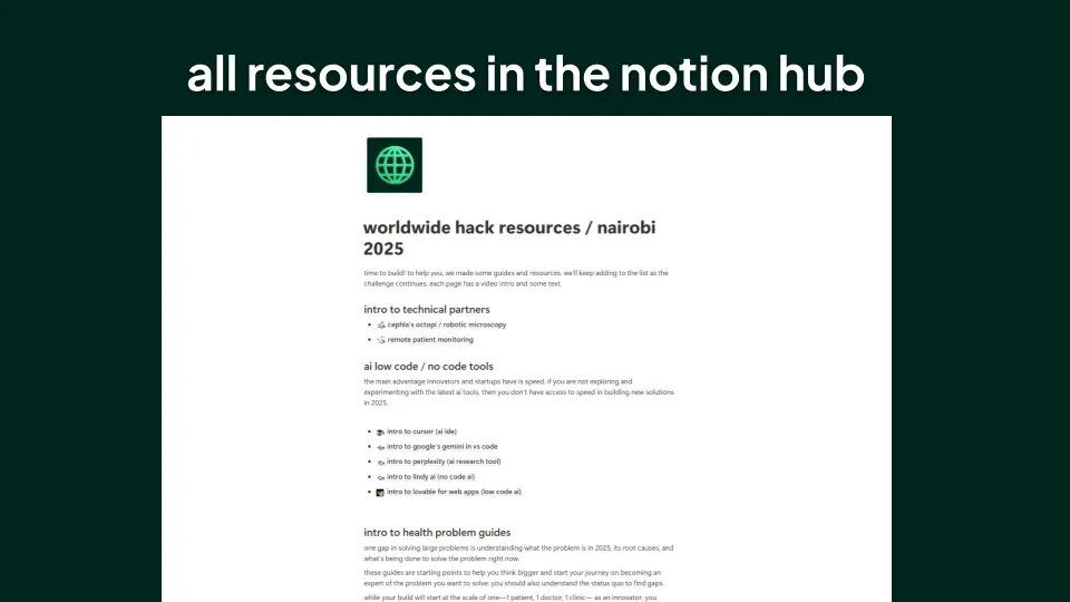The worldwide hack resources hub in Notion, with guides for technical partners, low-code AI tools, and health problem memos